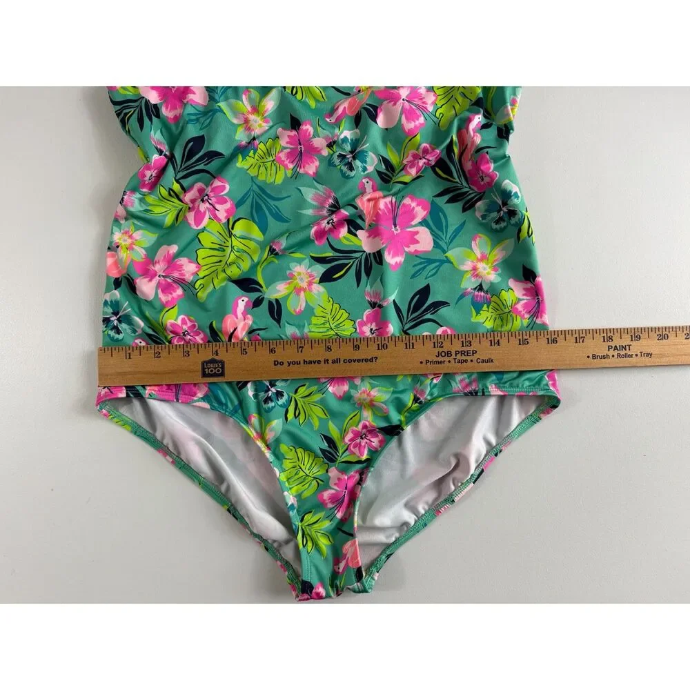 Lands' End Girls 16+ Tropical Floral One Piece Swimsuit Cross Back Teal Pink